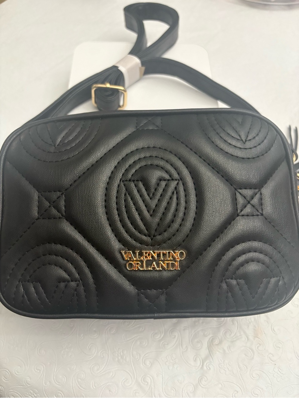 Valentino Orlandi Black Quilted Logo Crossbody with Gold Hardware